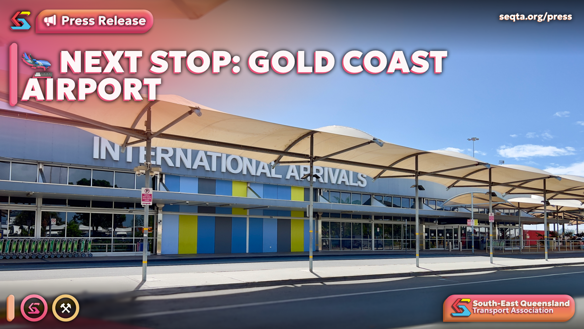 SEQTA press release artwork: Next stop: Gold Coast Airport, showing the international arrivals terminal.