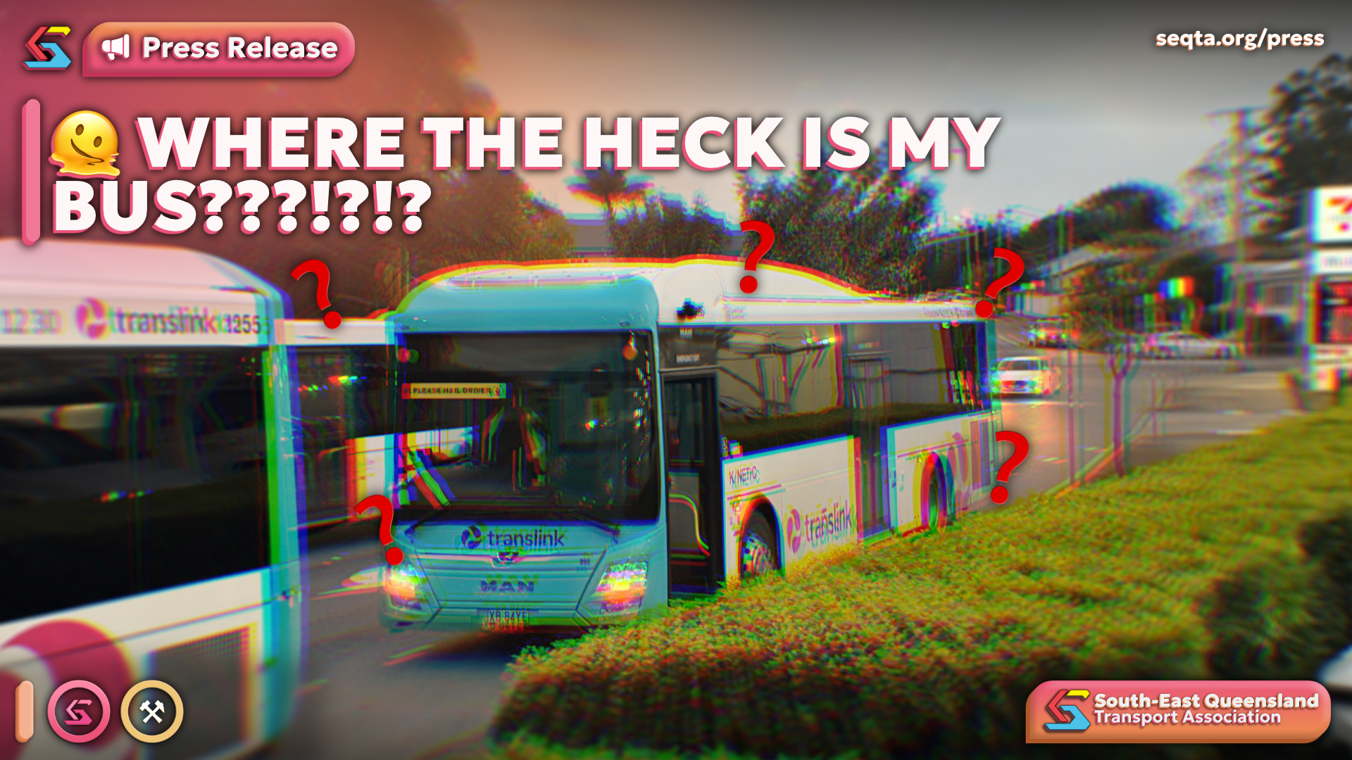 SEQTA press release artwork: Where the heck is my bus? Translink buses with question marks.